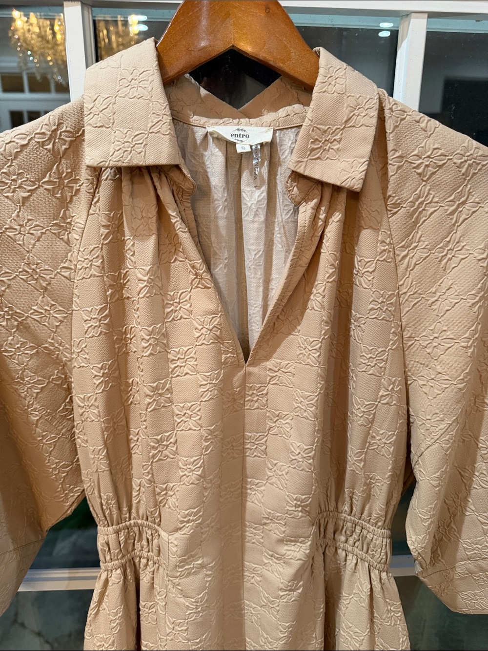 Coastal Grandmillennial Textured Tan Maxi Dress Smocked Pockets Entro Small - Picture 9 of 15